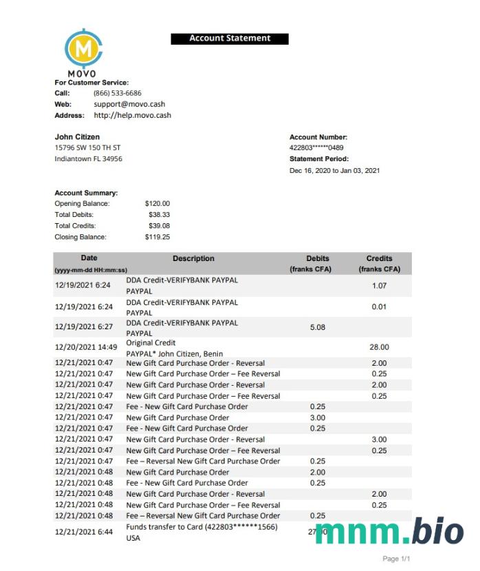 Szablon wyciągu bankowego USA MOVO w programie Word i PDF